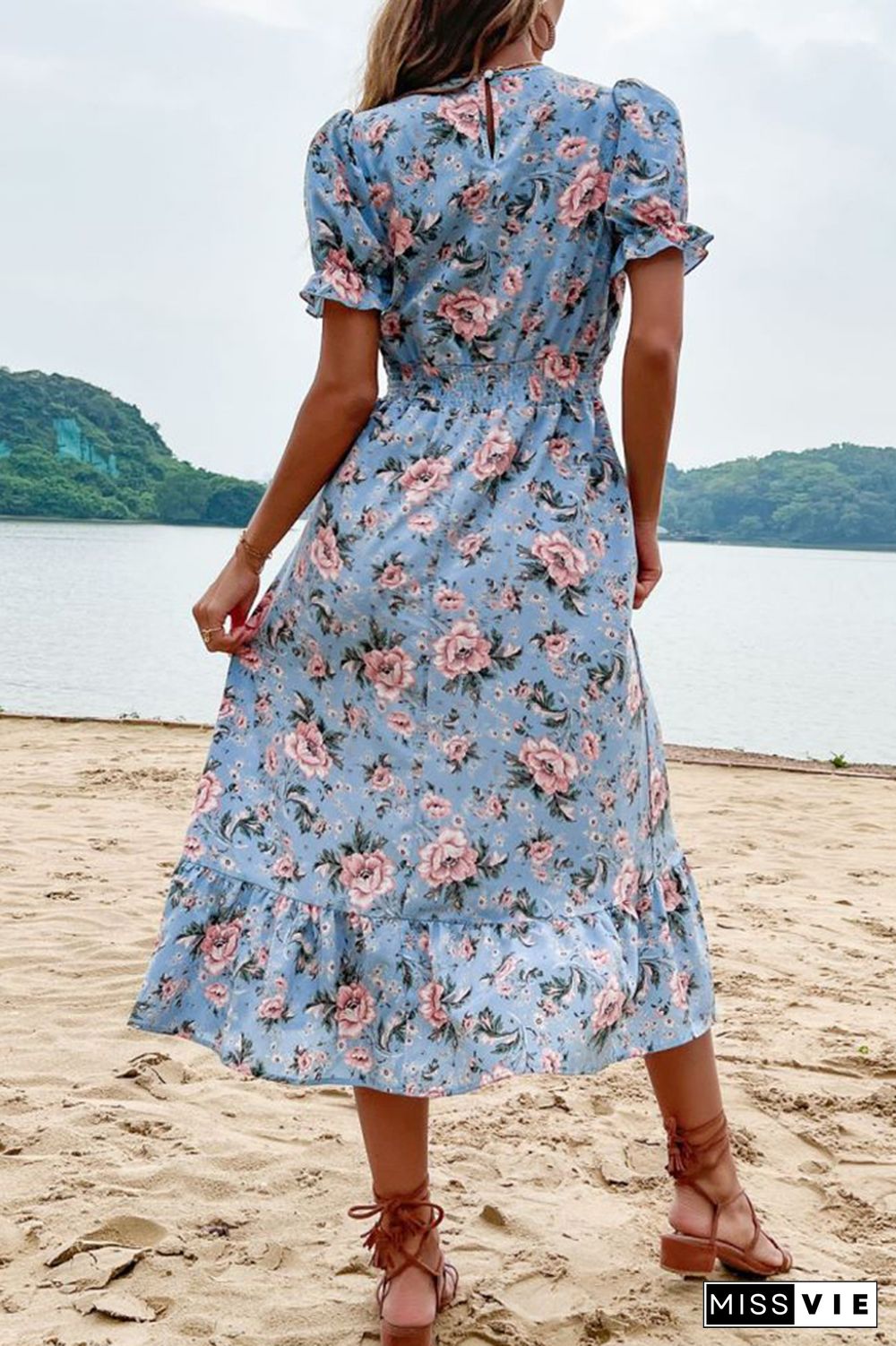 Puff Sleeve Flower Print V Neck Midi Dress Wholesale