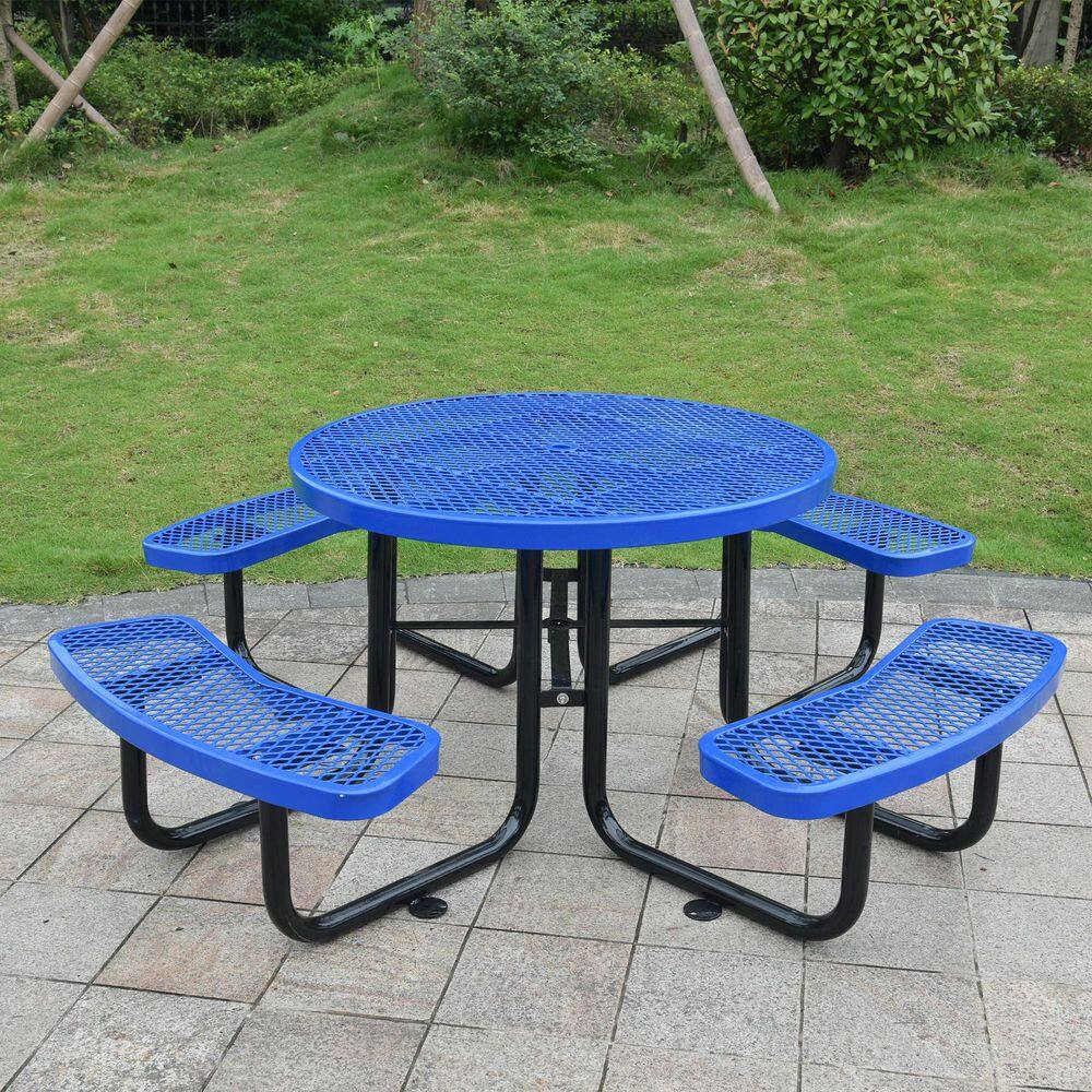 Tatayosi 85 in. x 85 in. x 28.9 in. Round Outdoor Steel Picnic Table Blue with Umbrella Pole J-H-W465S00015