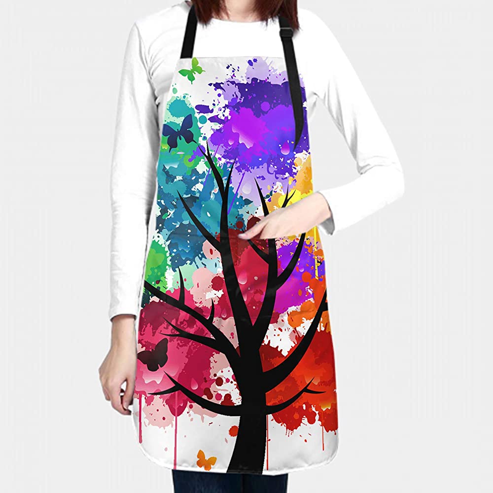 Colorful Artist Apron with 2 Pockets Art Tree Butterfly Aprons Smocks Waterproof Polyester for Kitchen Garden Painting