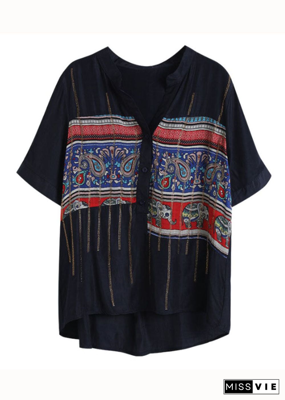 Women Navy Print Zircon Patchwork Cotton Shirt Tops Summer