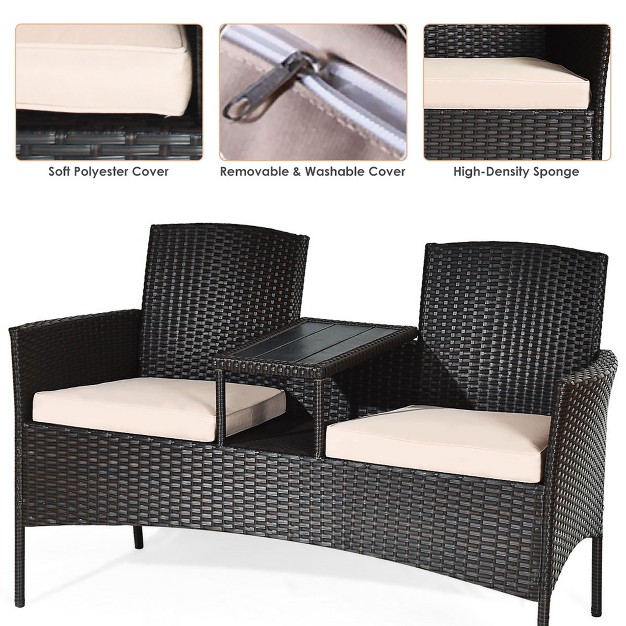 Costway Patented Patio Rattan Conversation Set Loveseat Sofa Cushioned Coffee Table Mix Brown