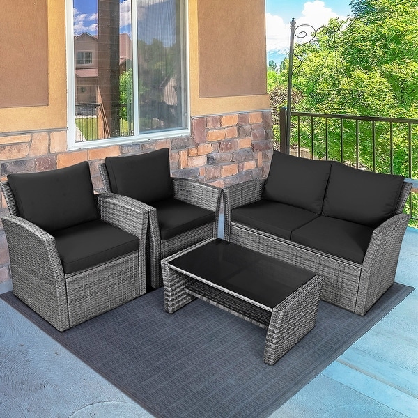 Gymax 4PCS Patio Rattan Conversation Set Outdoor Furniture Set w/