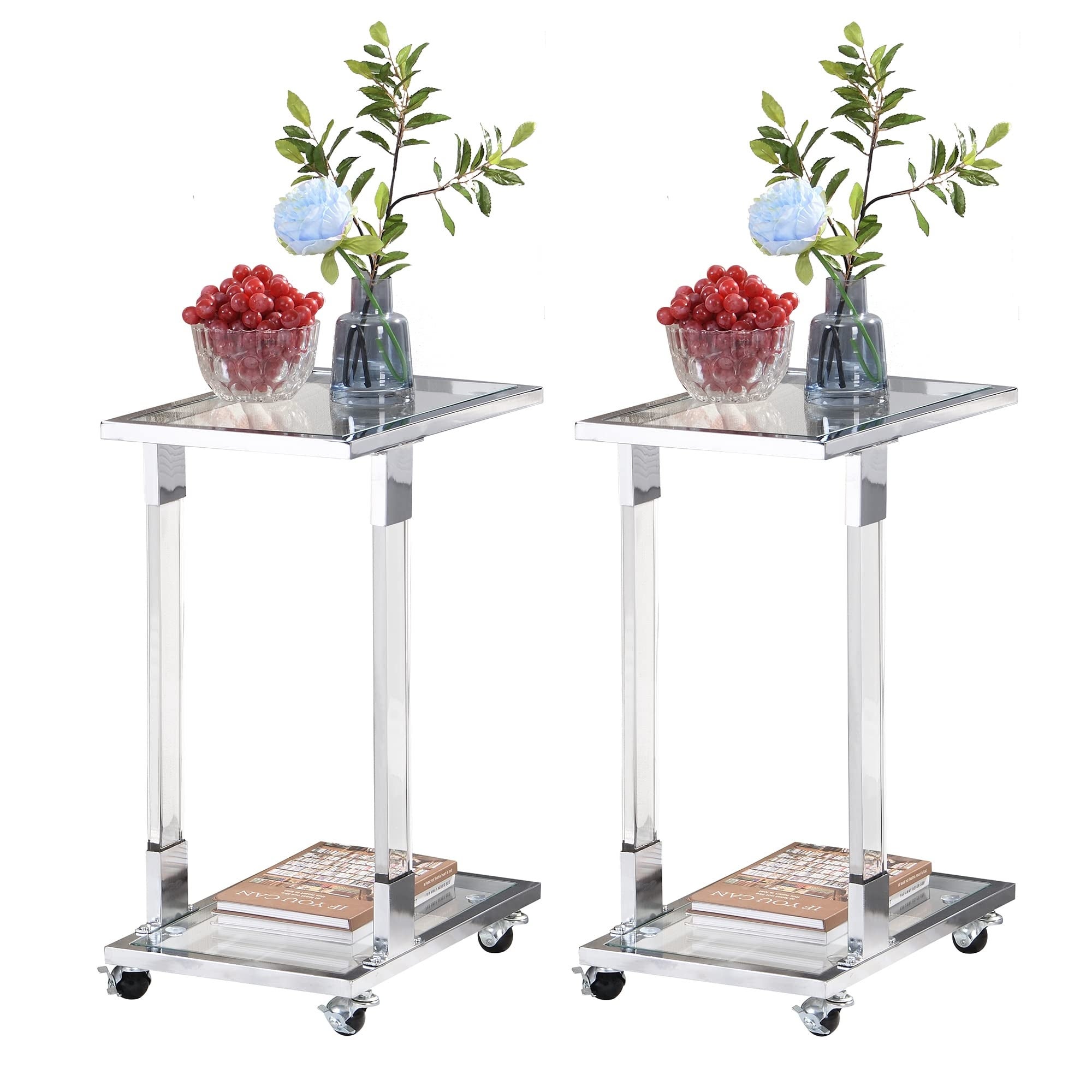 End Table Set of 2， C Shaped Chrome Side Tables with Wheels Silver Acrylic Table Couch C Table Slide - as picture