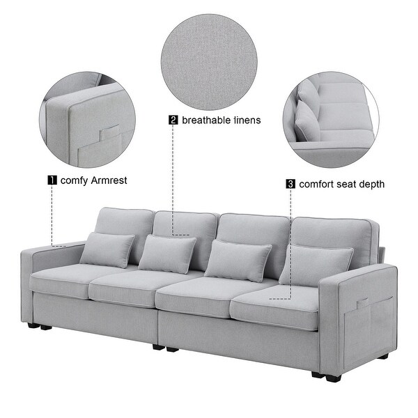 4-Seater Modern Linen Fabric Sofa with Armrest Pockets and 4 Pillows