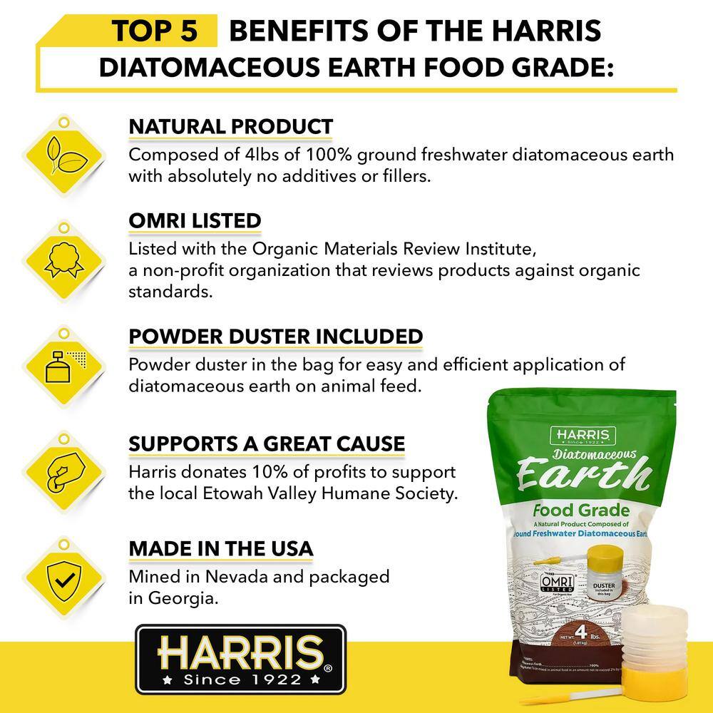 Harris 64 oz.(4 lb.) Diatomaceous Earth Food Grade 100% with Powder Duster Applicator DE-FG4P