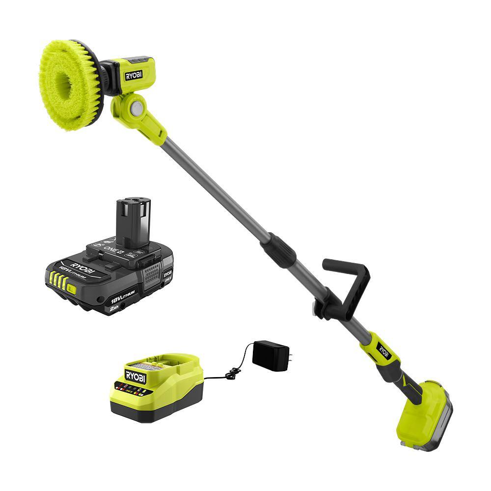 RYOBI P4500K ONE+ 18V Cordless Telescoping Power Scrubber Kit with 2.0 Ah Battery and Charger