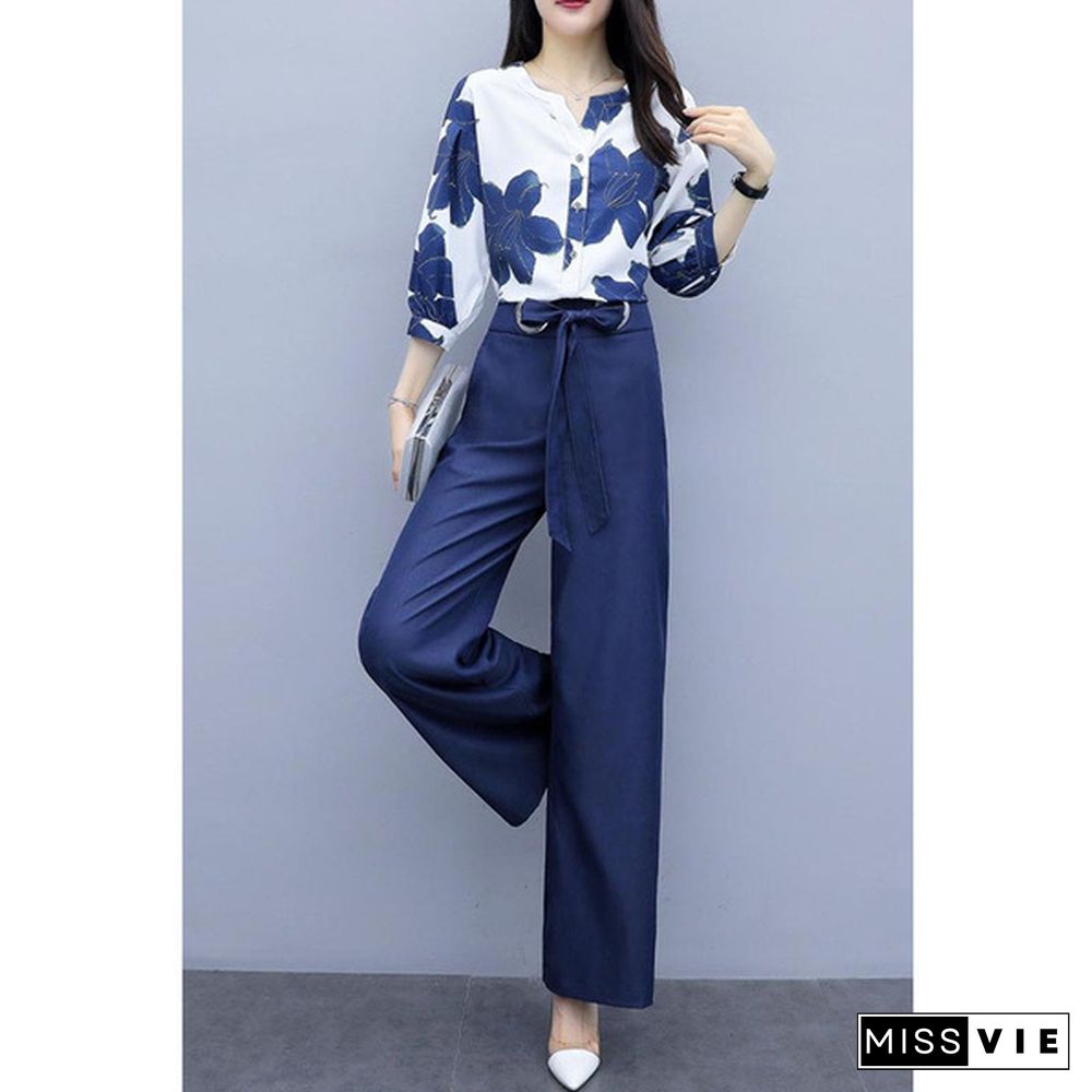 Spring Summer Chiffon Floral Print Two Piece Sets Women Blouses And Wide Leg Pants Suits Elegant Fashion Office Ladies Outfits