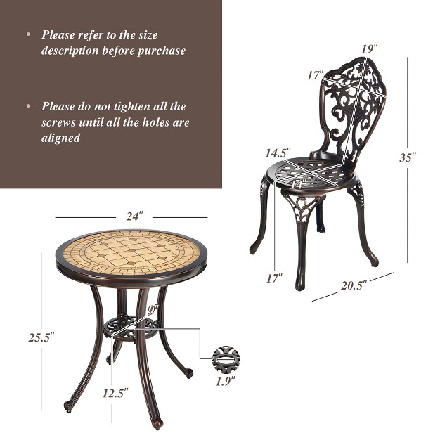 Costway 3pcs Patio Bistro Set Round Table Chairs All Weather Cast Aluminum Yard