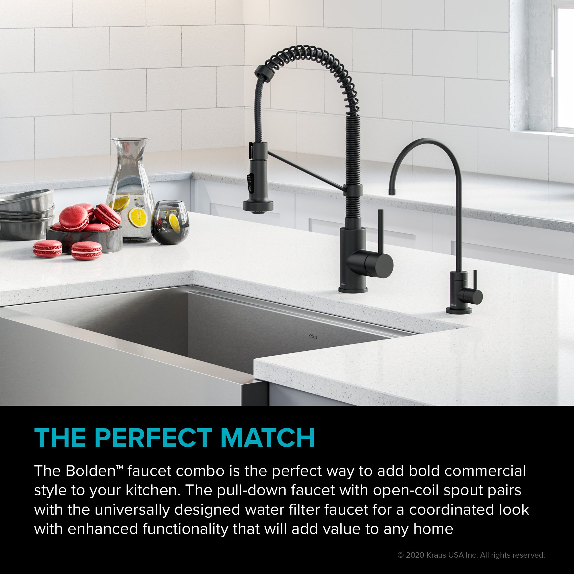 KRAUS Bolden Commercial Style Pull-Down Kitchen Faucet and Purita Water Filter Faucet Combo in Matte Black