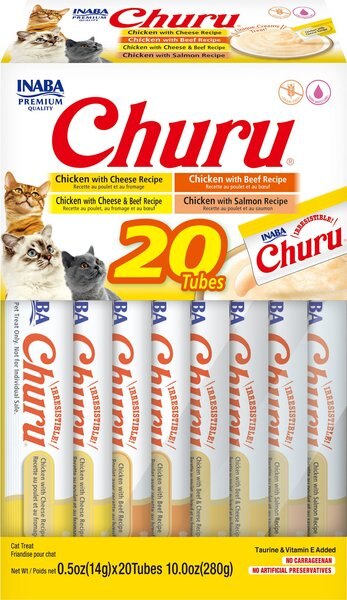 Inaba Churu Chicken and Beef Variety Creamy Puree Grain-Free Lickable Cat Treats， 0.5-oz tube， 20 count