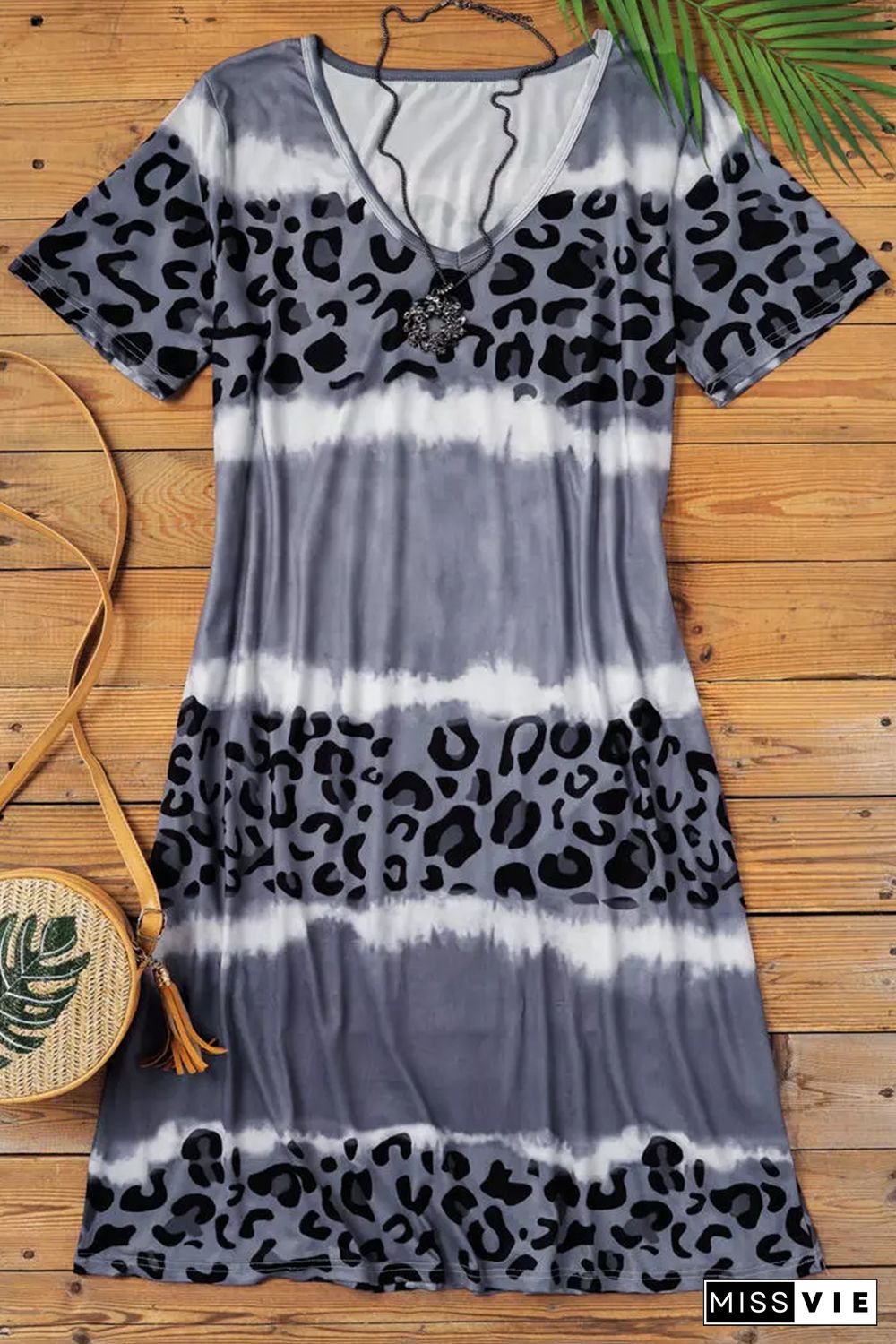 Gray Leopard Color Block V-Neck T-shirt Dress