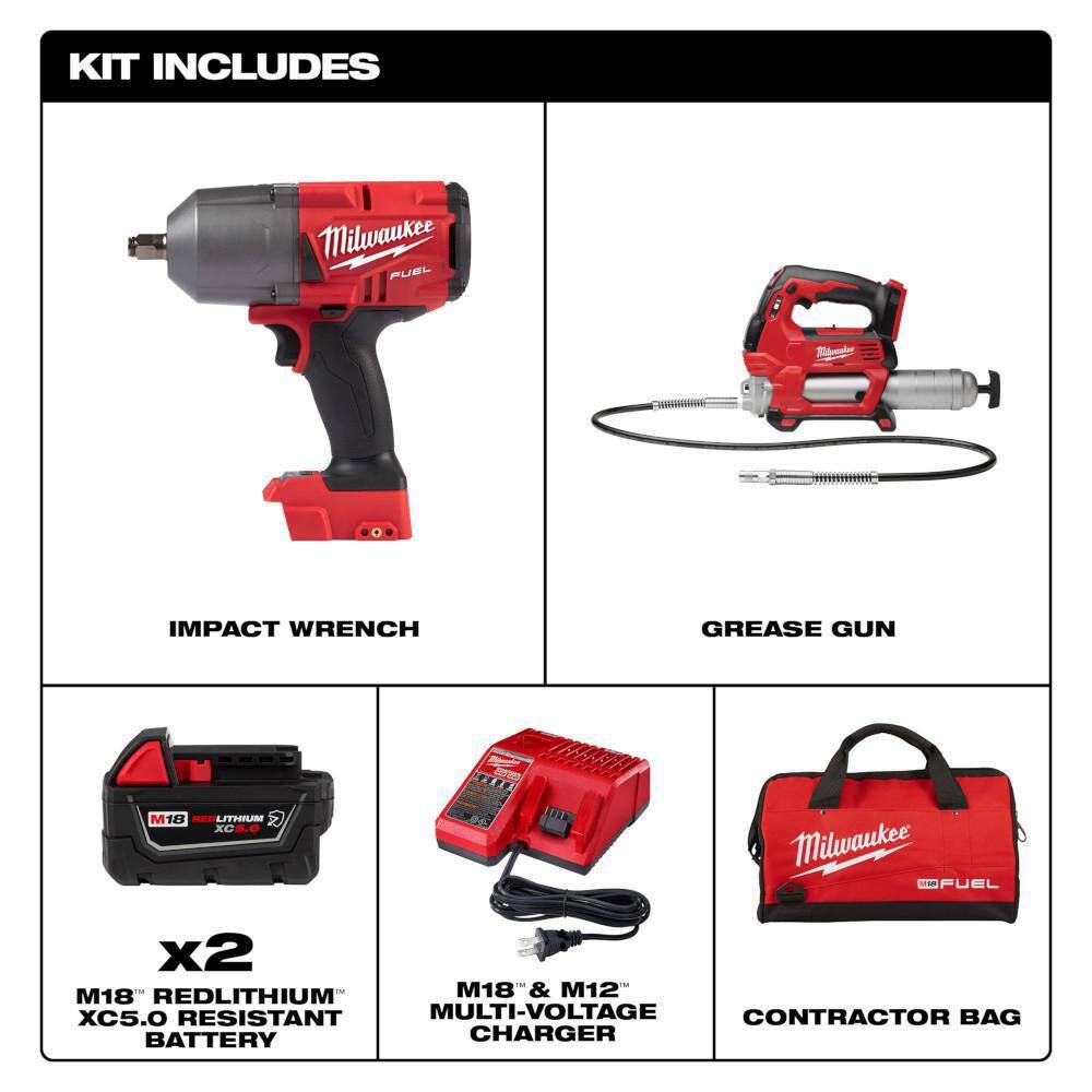 MW M18 FUEL 18V Lithium-Ion Brushless Cordless 12 in. High-Torque Impact Wrench with Grease Gun Kit Resistant Batteries 2767-22GR