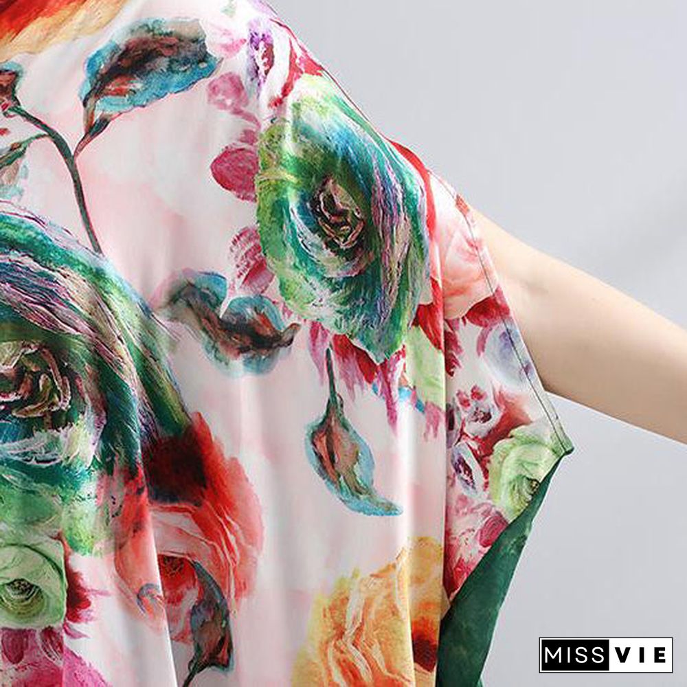 Women chiffon Robes Fitted V Neck Splicing Short Sleeves Printed Women Summer Dress