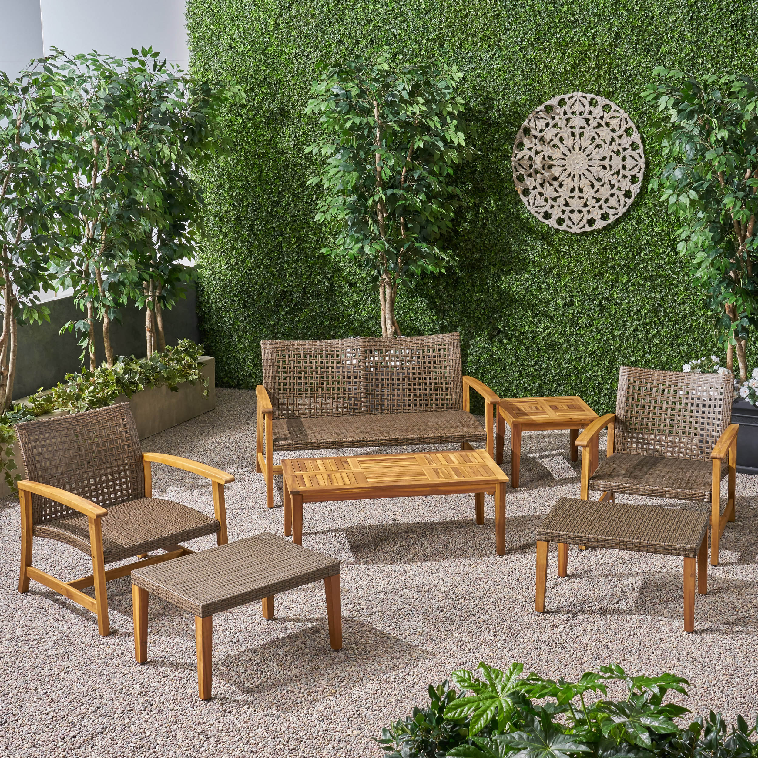 Savannah Outdoor 7 Piece Wood and Wicker Chat Set