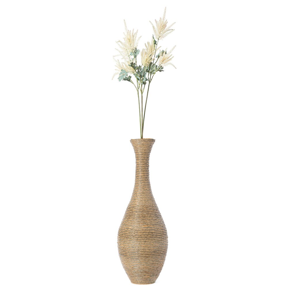 38 Inch Tall Trumpet Design Artificial Rattan Floor Vase Beige