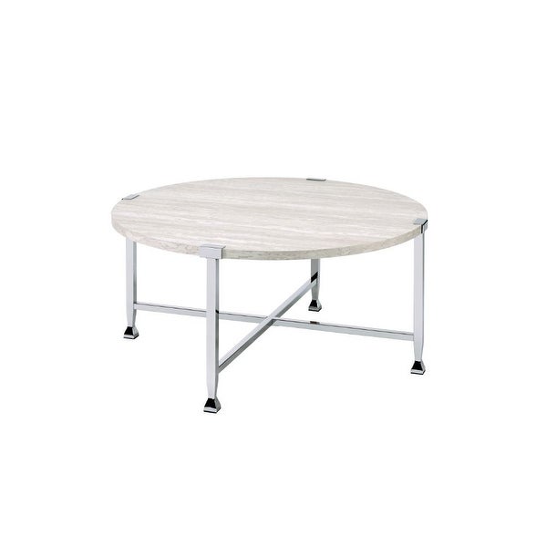 Coffee Table， White Oak andChrome Round Coffee Table : NO Storage Wooden Top， Metal Frame Leg with X-Shape Support Wooden Top