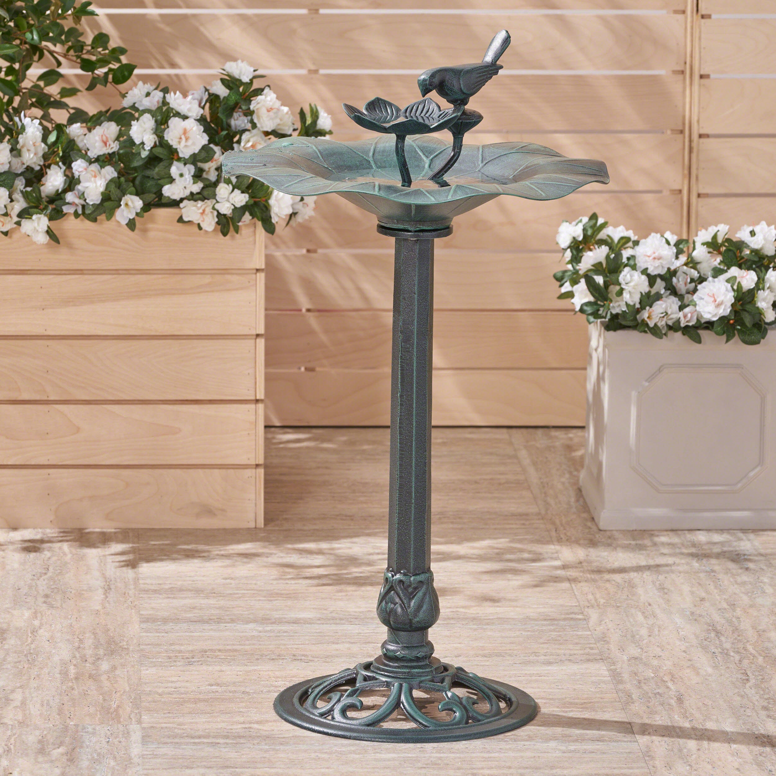 Laurent Outdoor Aluminum and Iron Bird Bath, Antique Green