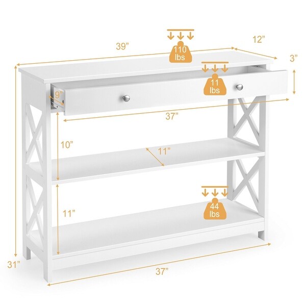 Console Table 3-Tier with Drawer and Storage Shelves - 39''x 12''x 31''(L x W x H)