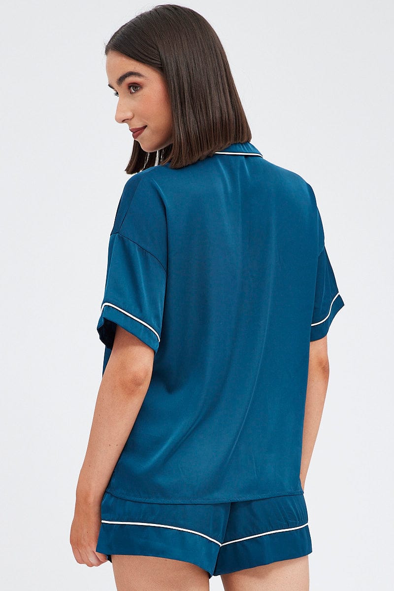 Blue Satin Pj Piping Button Through Pyjama Set