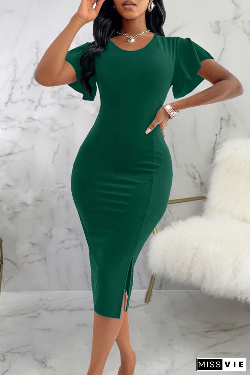 Elegant Solid Patchwork Slit Zipper O Neck Wrapped Skirt Dresses