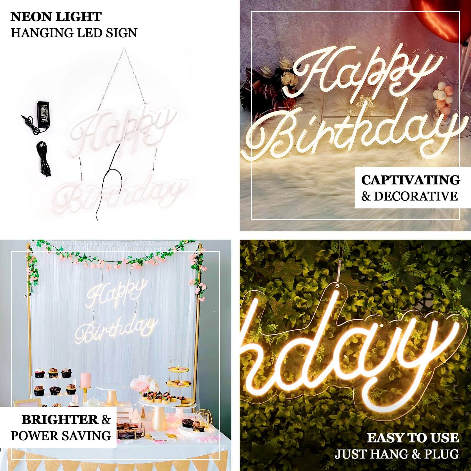 Happy Birthday Neon Light Sign, LED Reusable Wall Décor Lights With 5ft Hanging Chain 32