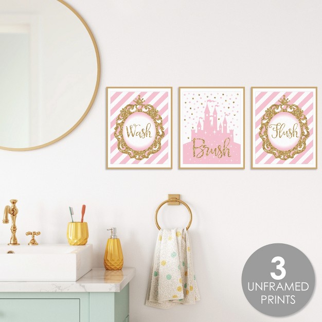 Big Dot Of Happiness Little Princess Crown Unframed Wash Brush Flush Pink And Gold Princess Bathroom Wall Art 8 X 10 Inches Set Of 3 Prints