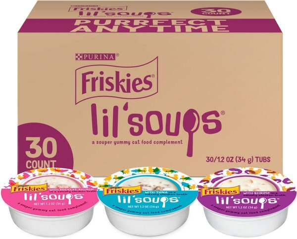 Friskies Lil' Soups Salmon， Tuna， and Shrimp Variety Pack Grain-Free Bits in Broth Wet Cat Food Topper， 1.2-oz， case of 30