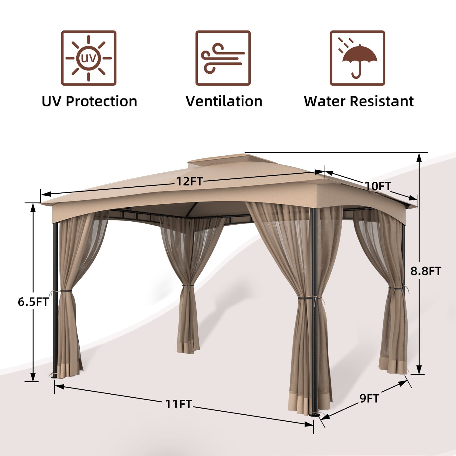 DikaSun Gazebo 2023 Upgrated 12 Ft. W x 10 Ft. D Metal Patio Gazebo Double Vented Roof Metal Frame Outdooor Grill Canopy (Beige)