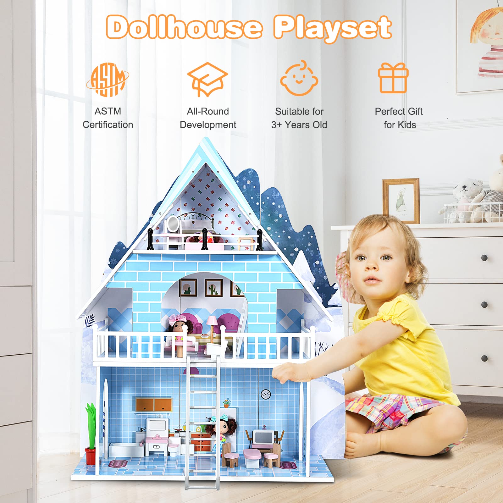 Kids Wooden Dollhouse, 3-Story Dream Toy Family House