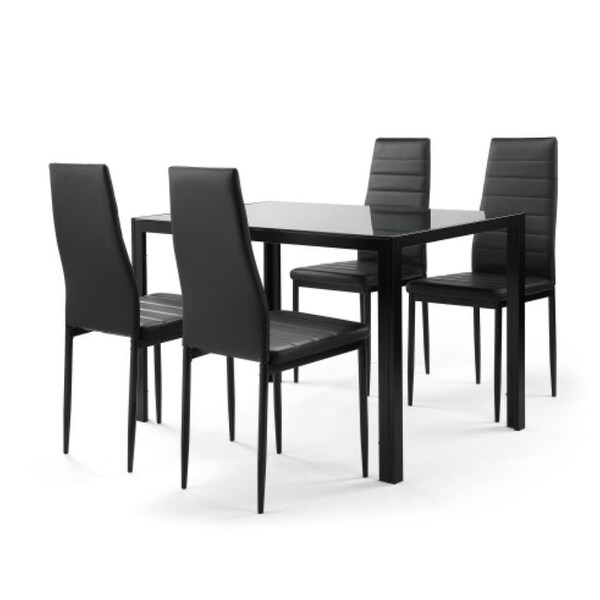 4 Faux Black Leather Chairs in Tempered Glass Dining Table