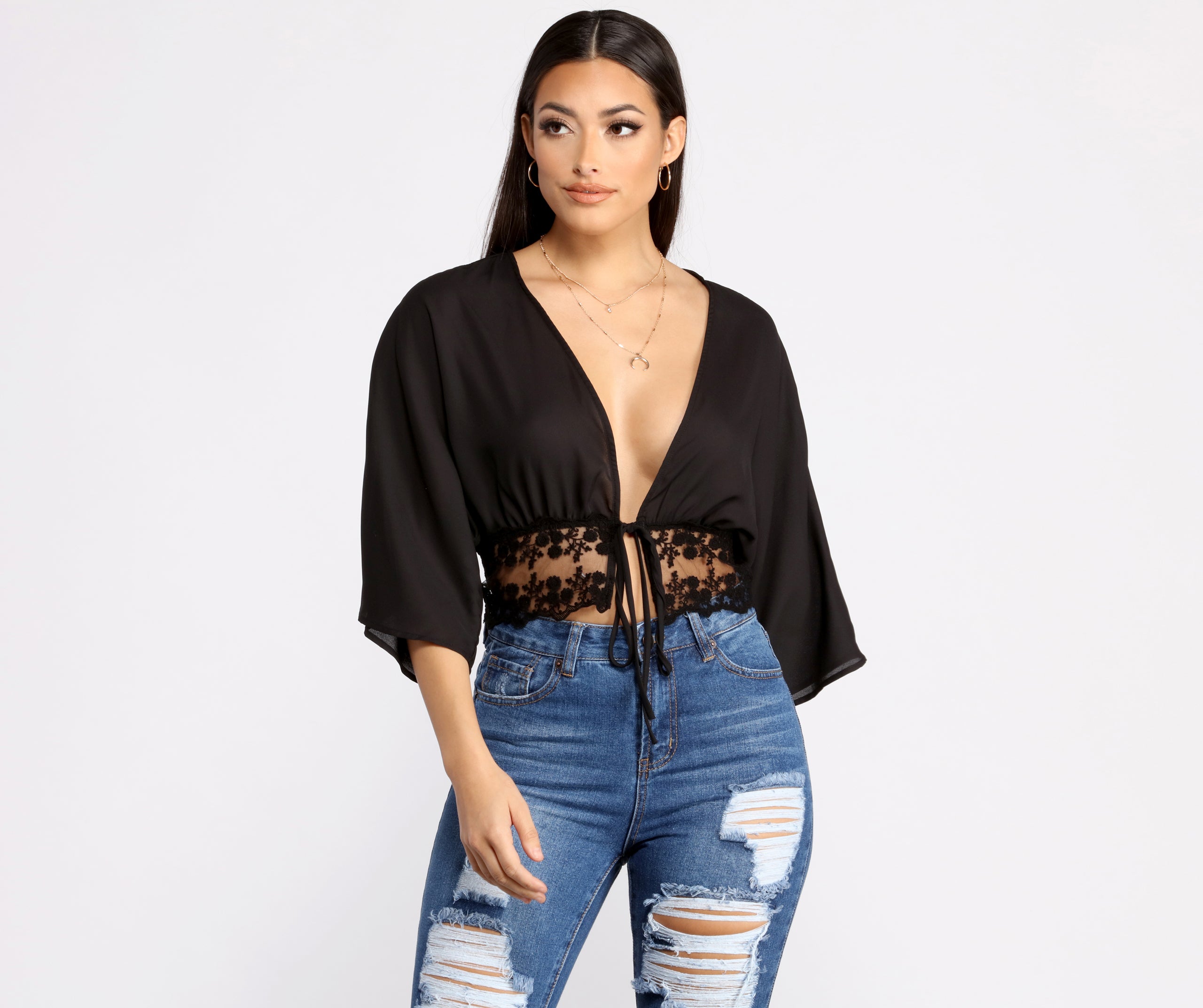 Effortless Vibes Lace Detail Tie Front Top