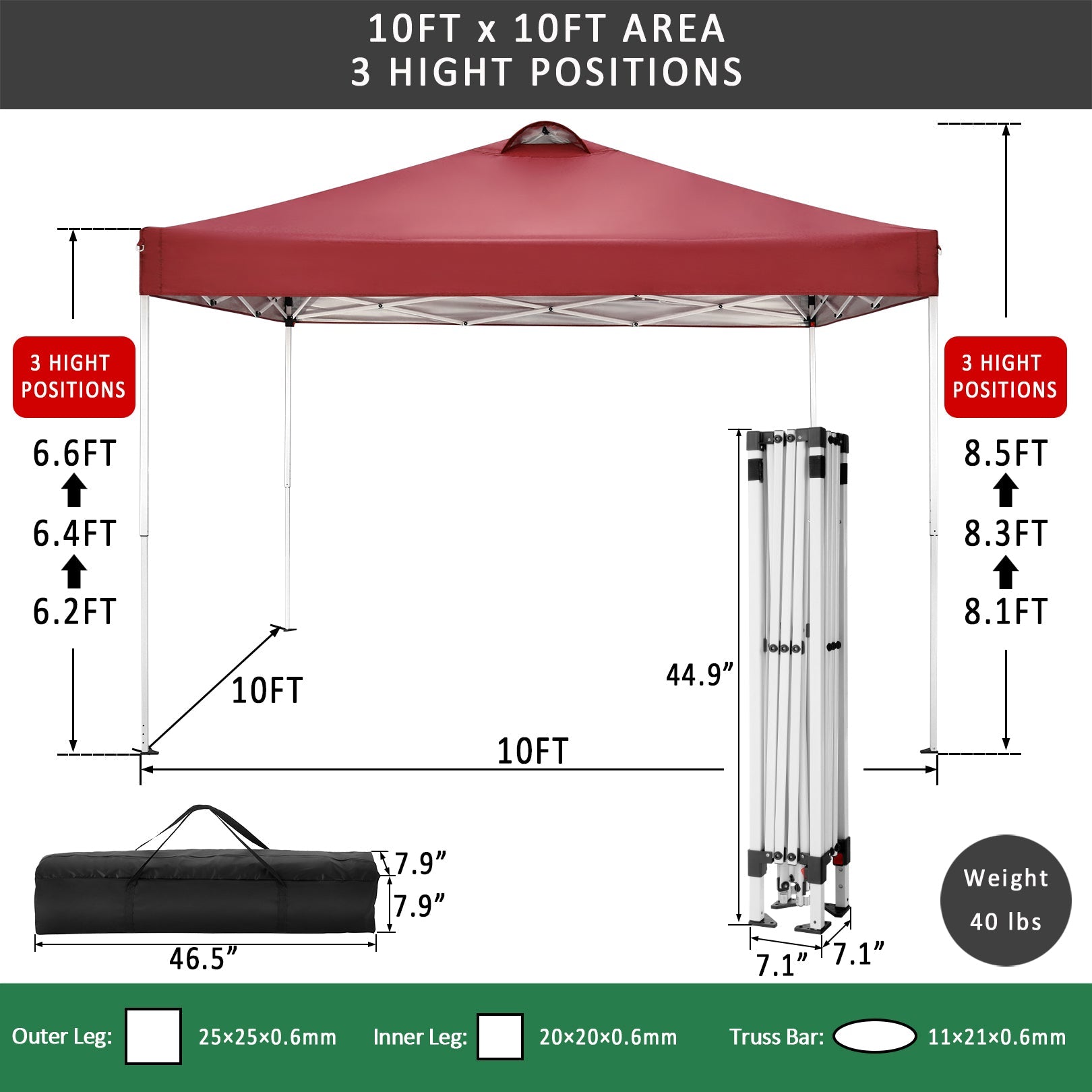 10' x 10' Straight Leg Pop-up Canopy Tent Easy One Person Setup Instant Outdoor Canopy Folding Shelter with 4 Removable Sidewalls, Air Vent on The Top, 4 Sandbags, Carrying Bag, Red