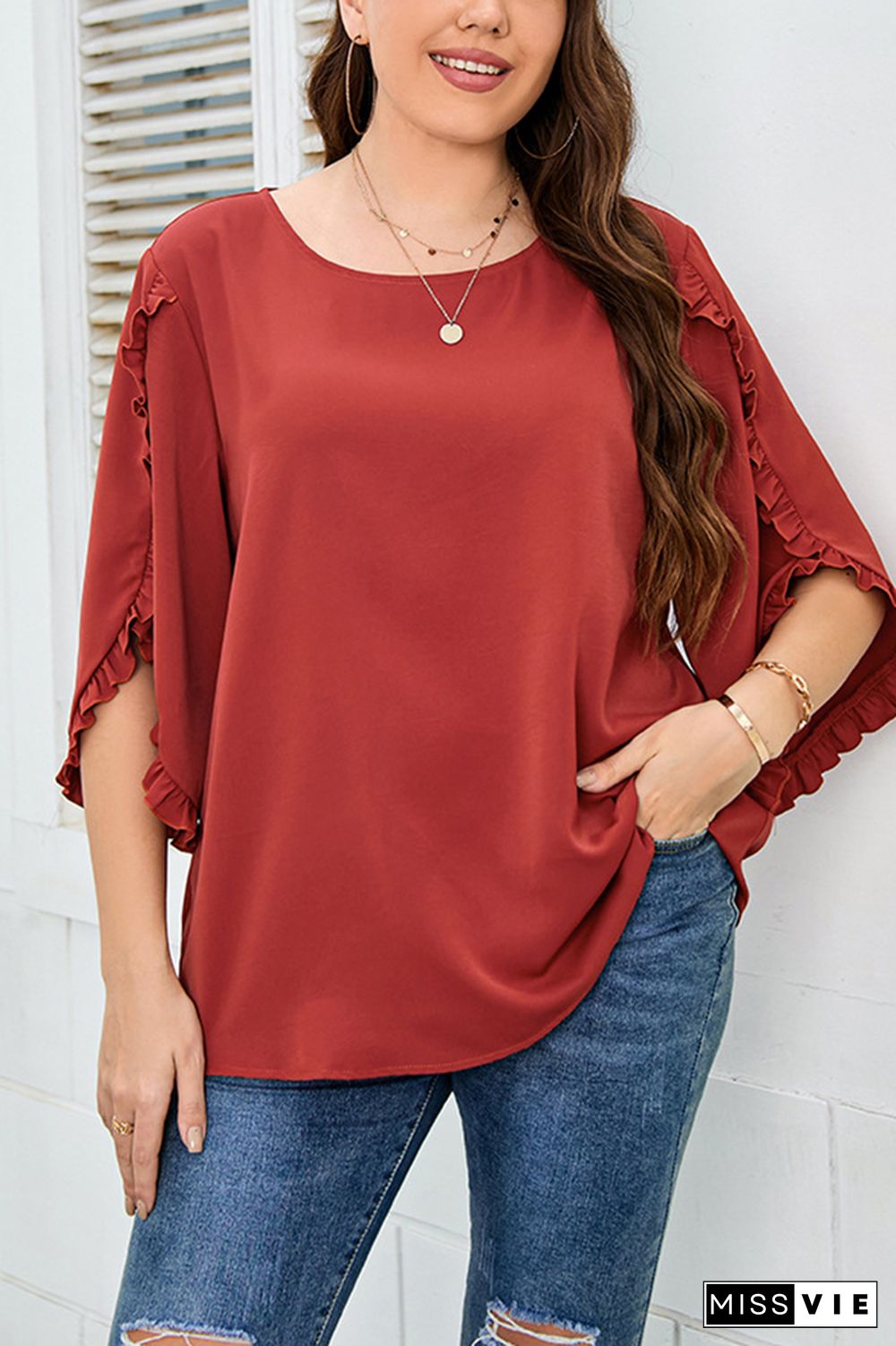 Red Split Flare Ruffle Sleeves Plus Size Top