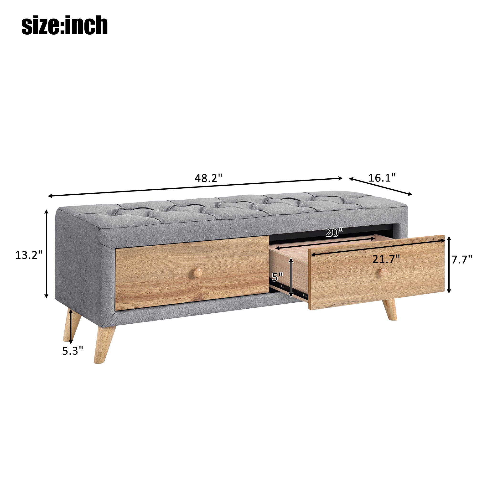 Upholstered Wooden Storage Bench with 2 Drawers For Bedroom,Fully Assembled Except Legs and Handles,Padded Seat with Rubber Wood Leg-Gray