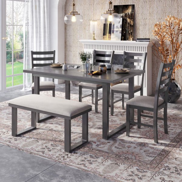 6-Pieces Family Furniture， Solid Wood Dining Room Set with Rectangular Table and 4 Chairs with Bench