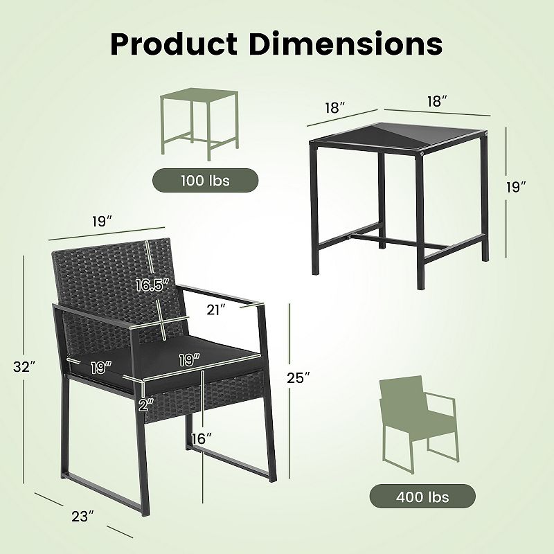 3 Pieces Modern Heavy Duty Patio Furniture Set with Coffee Table