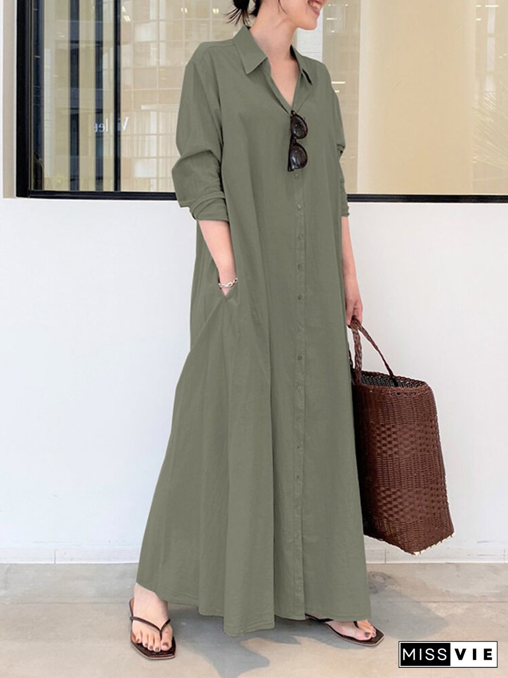 Solid Color Pocket Button Long SLeeve Casual Dress for Women