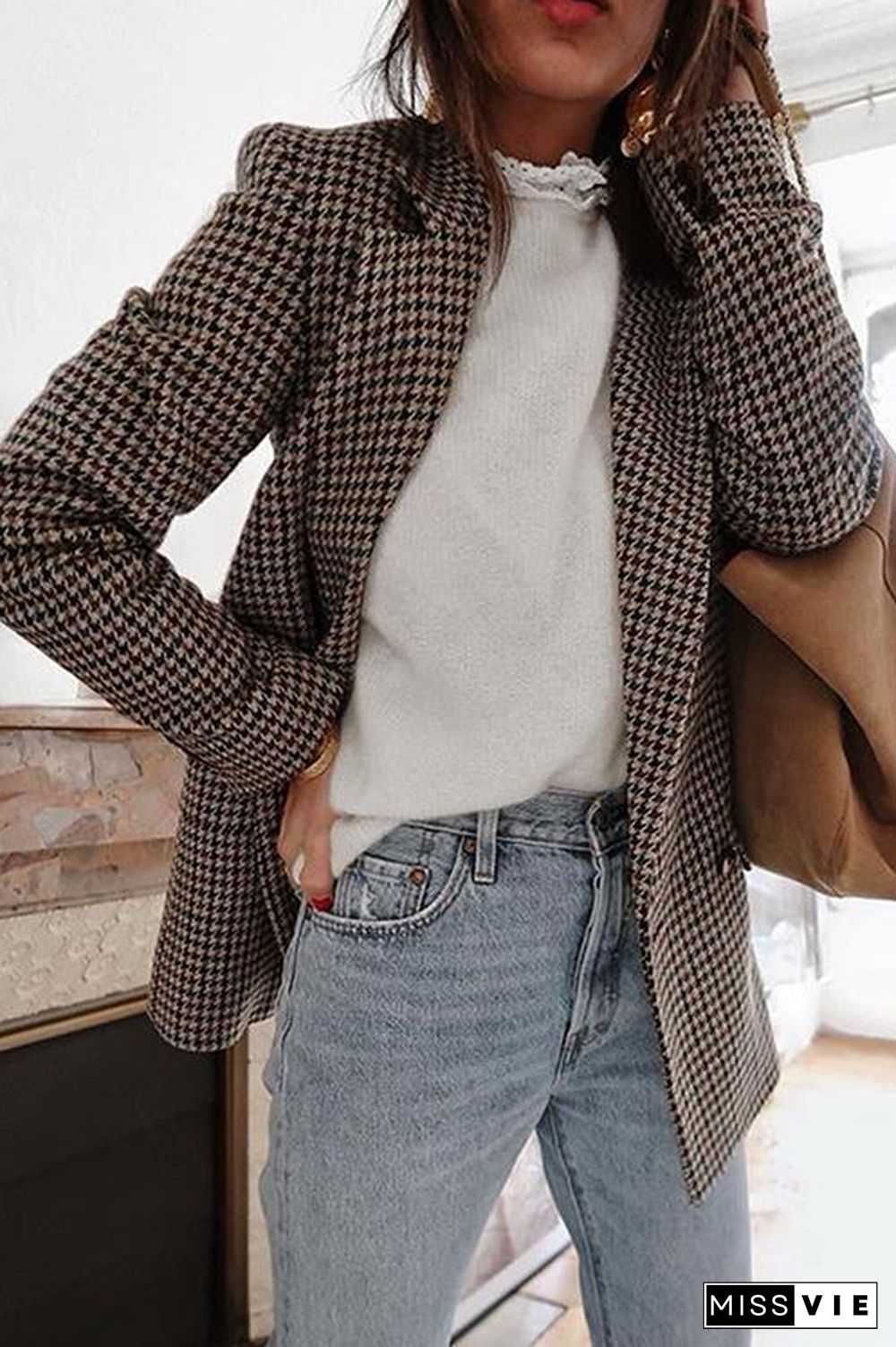 Plaid Button Long Sleeve Blazer