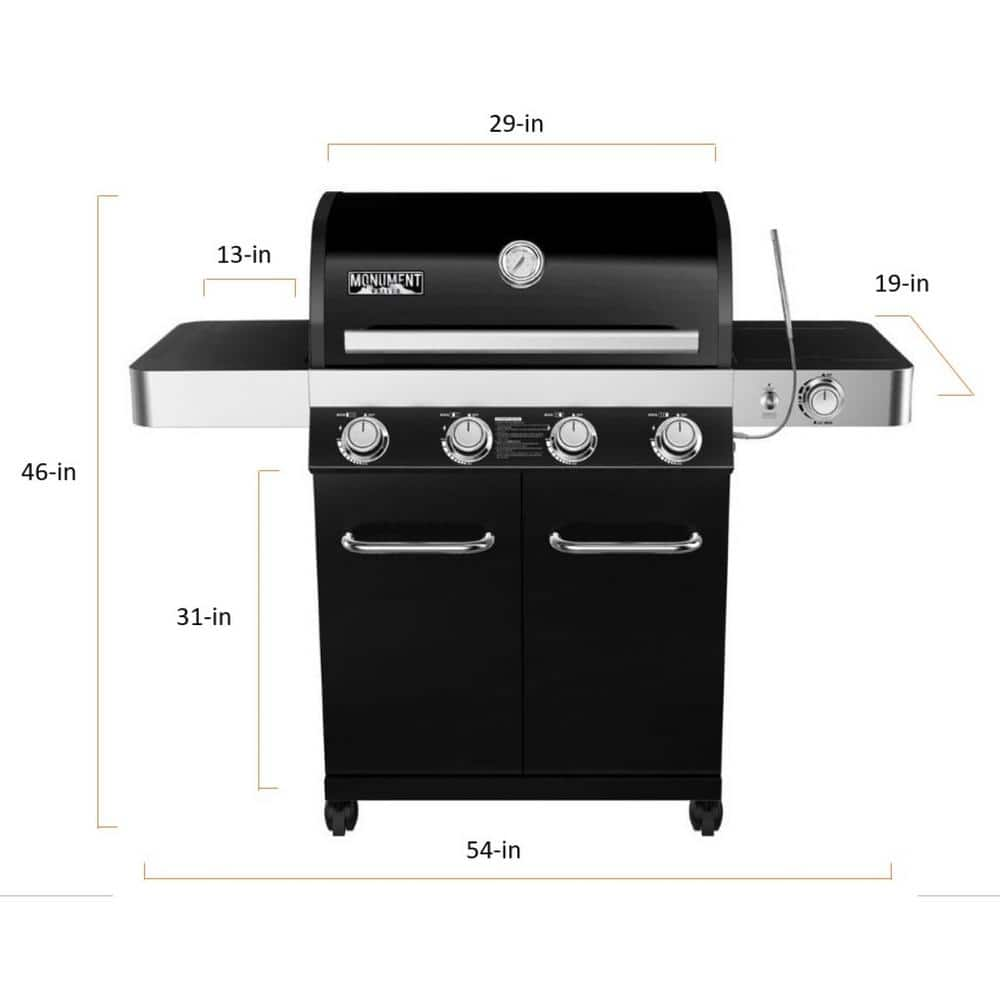 Monument Grills 4-Burner Propane Gas Grill in Black with LED Controls, Side Burner and USB Light 13892