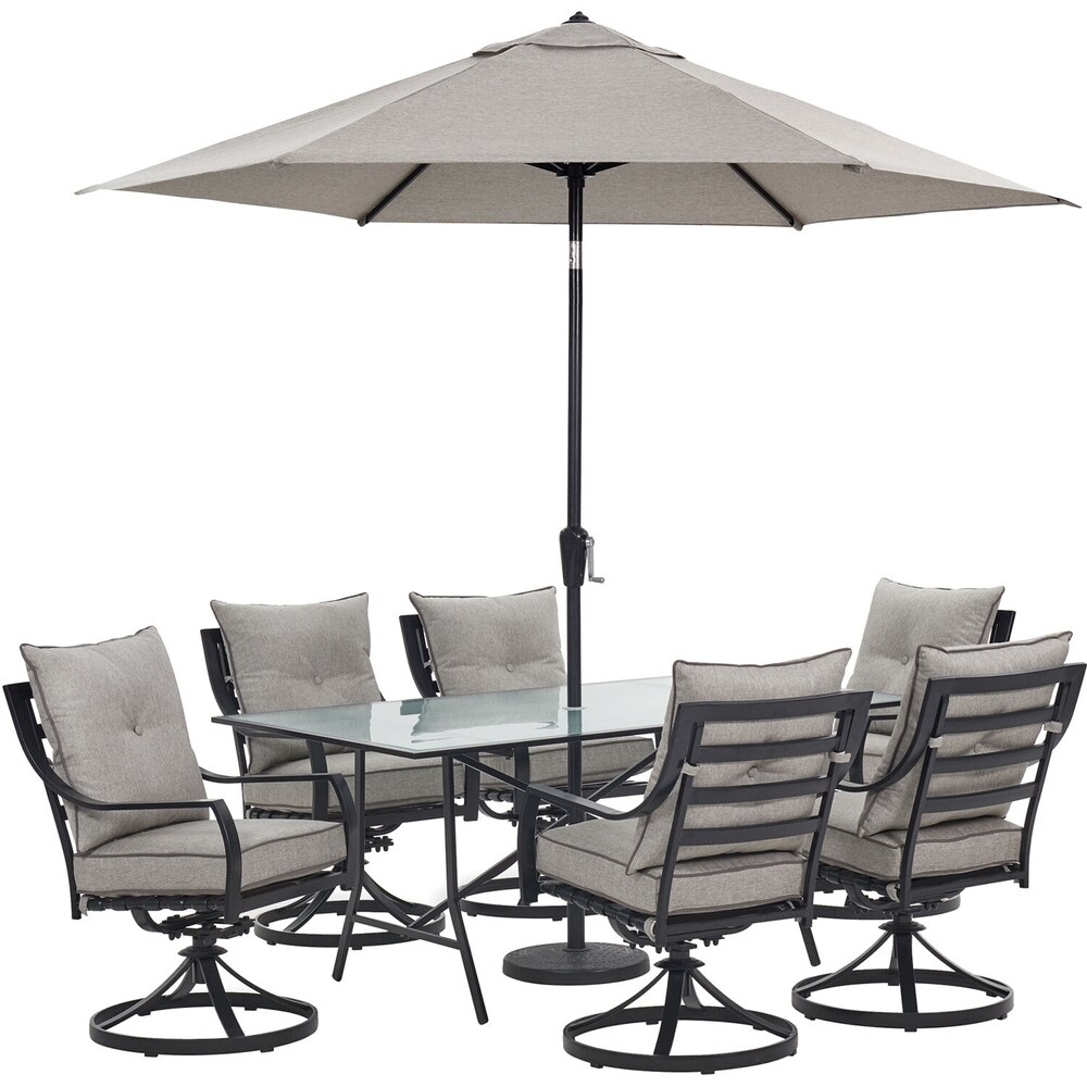 Hanover Lavallette 7 Piece Dining Set in Silver Linings with 6 Swivel Rockers  66\