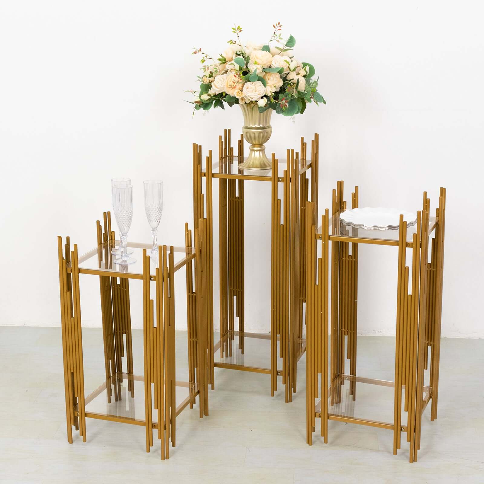 Set of 3 Gold Metal Plinths Flower Display Stands With Square Acrylic Plates, Wedding Cake Table Pedestal Stands - 26