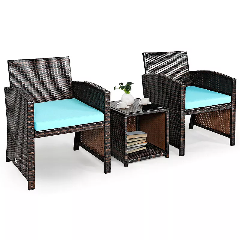 3 Pieces PE Rattan Wicker Furniture Set with Cushion Sofa Coffee Table for Garden