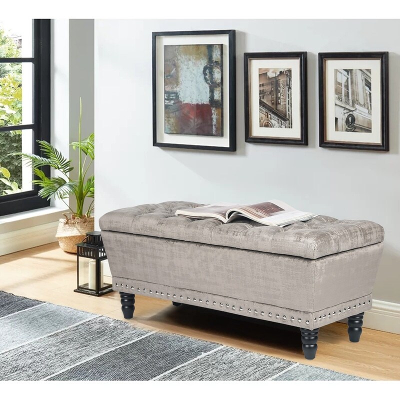 Adeco Button Tufted Trapezoid Storage Ottoman Bench