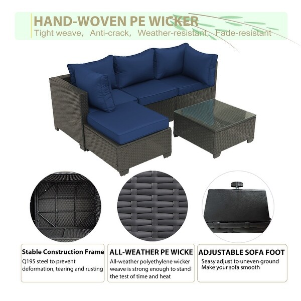 5Piece HandWoven PE Wicker Outdoor Patio Sectional Sofa Set with Cushions and Coffee Table