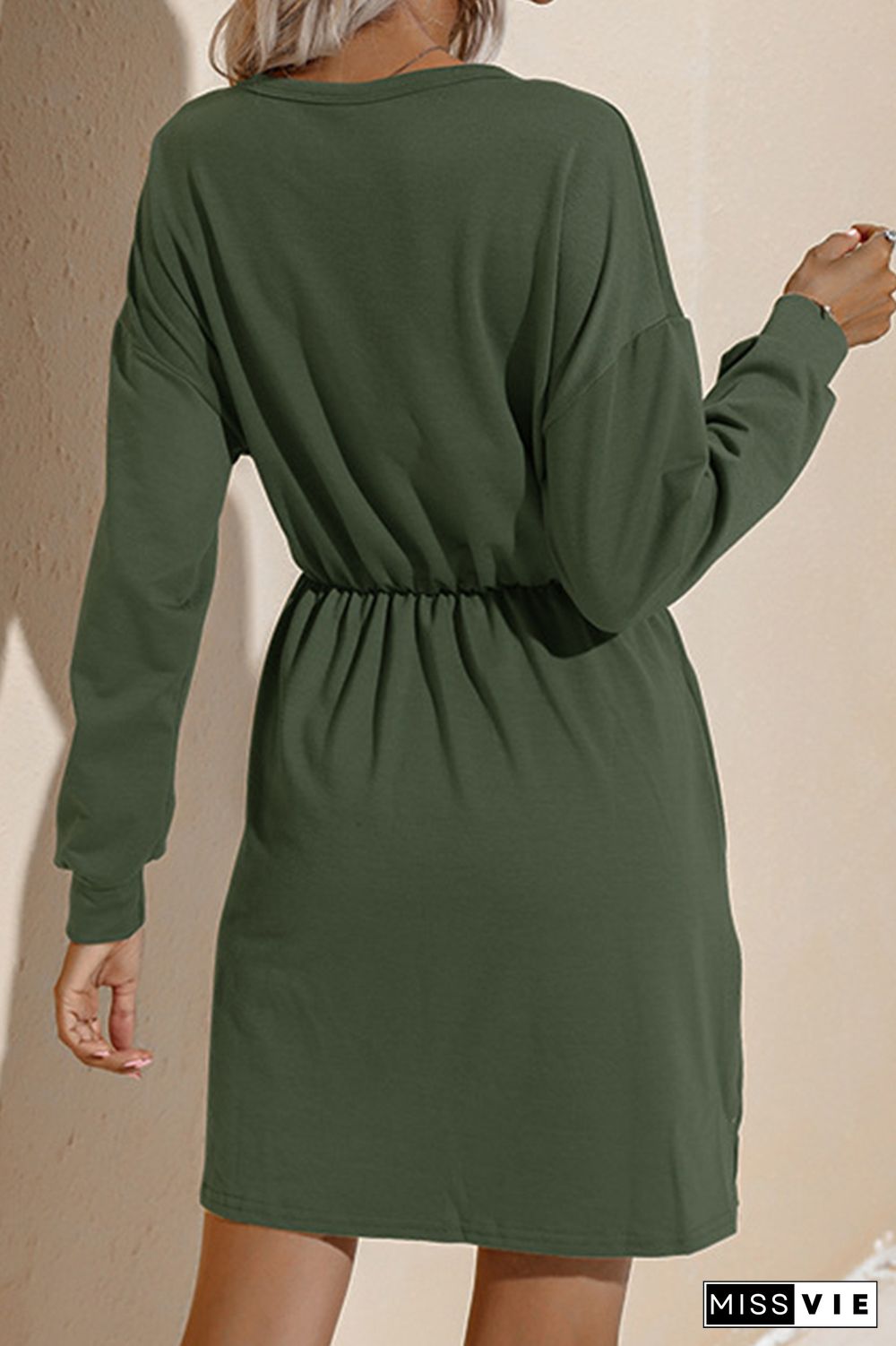 Solid Drawstring O-neck Long Sleeve Dress Women Wholesale