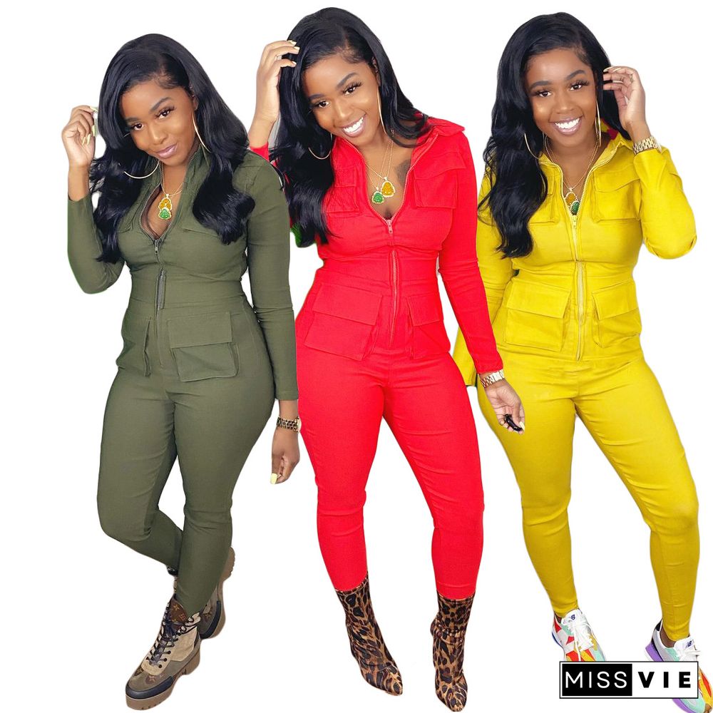 Long Sleeve Zipper Up Pockets Bodycon Jumpsuit Outfits