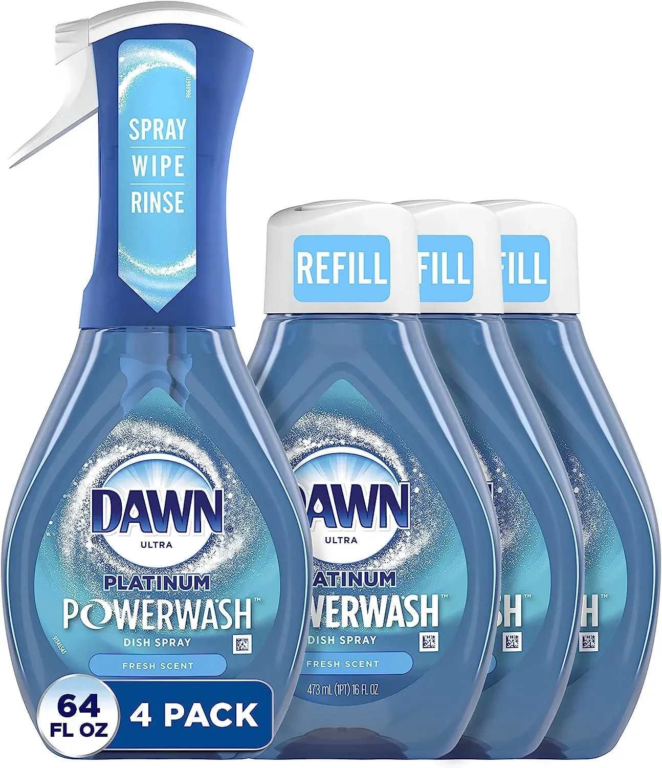 Dish Spray, Dish Soap, Fresh Scent Bundle, 1 Spray (16oz) + 3 Refills (16oz each)(Pack of 4)