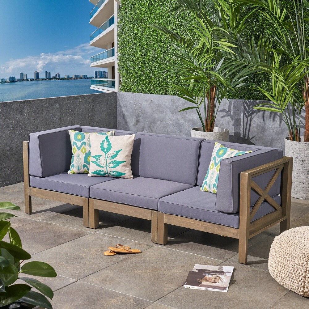 Brava Outdoor Cushioned Acacia Wood Sofa by Christopher Knight Home