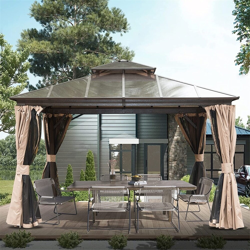 Brown 12 x 12 ft Hardtop Gazebo with Ventilated Polycarbonate Double Roof  Sturdy Aluminum Frame