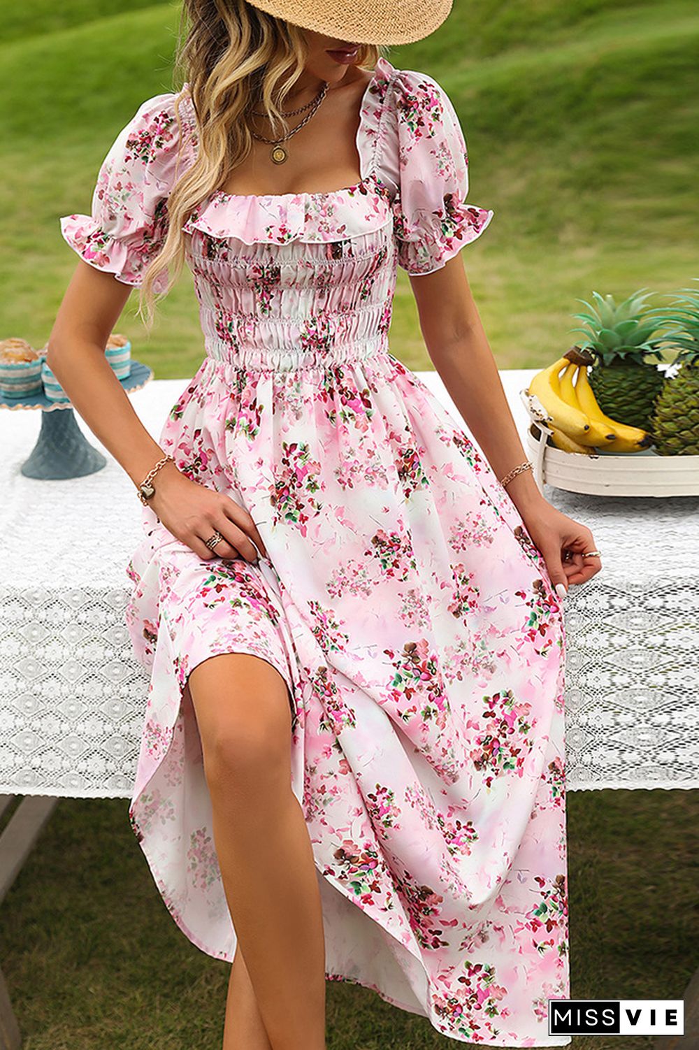 Pink Floral Square Neck Smocked Ruffles Maxi Dress